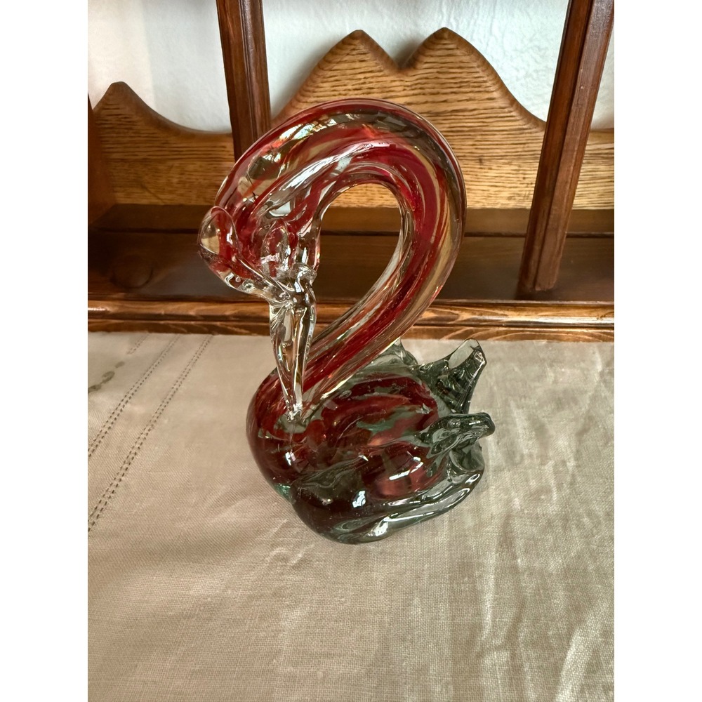 Vintage Murano Style Art Glass Swan Figurine Red and Clear Hand Blown Heavy